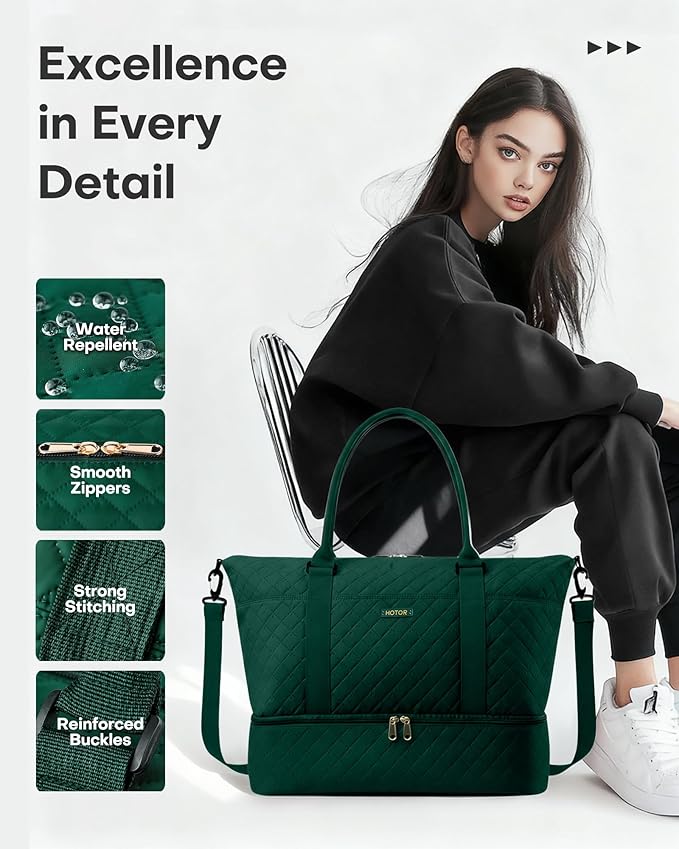 HOTOR Travel Duffel Bag - Weekender Bags for Women, Gym Tote Bags with Shoe Compartment, Carry On Overnight Bag with Toiletry Bag for Travel Essentials Travel Accessories, Dark Green, 13.4"×17.3"×7.9"