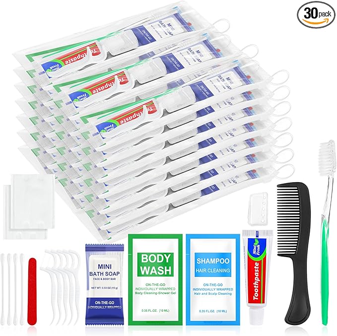 30 Sets Personal Hygiene Kit Bulk,10-IN-1 Green Individually Wrapped Disposable Travel Toothbrushes and Hotel Vanity Set Basic Toiletry Supplies for Homeless,Guests,Charity