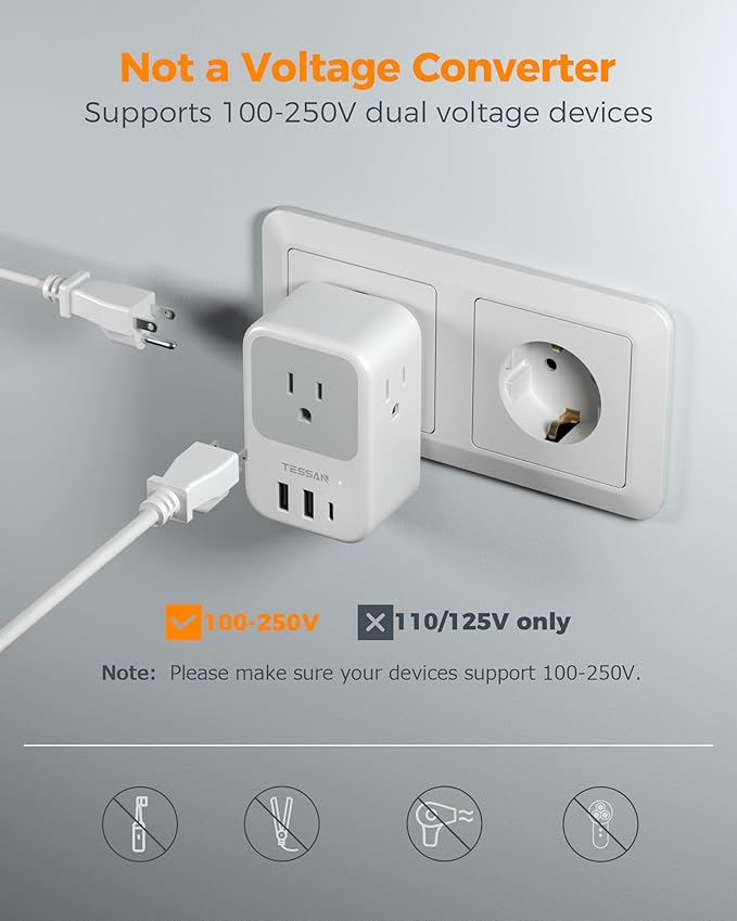 TESSAN European Travel Plug Adapter 2 Pack, Built-in 20W Retractable USB-C Cable, Type C Power Adapter with 3 AC Outlets 4 USB Ports for US to Europe EU Italy Spain France Greece Iceland Germany