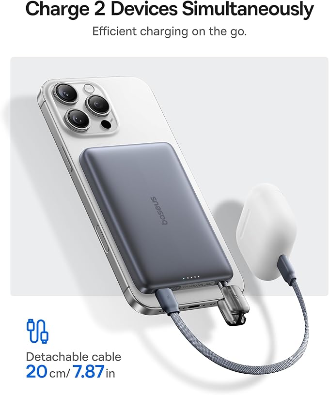 Baseus Picogo Qi2 15W Magsafe Portable Charger, 0.5" Ultra Slim 10000mAh Wireless Power Bank with 27W Built-in USB-C Cable, Magnetic Battery Pack for iPhone 17 Pro Max/17 Pro/Air/16/15/14/13/12
