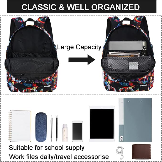 SUPACOOL Casual Laptop Backpack for Men and Women, School Backpack for Boys and Girls, College Bookbag, USB Charging Port, Lightweight Back Pack(Peace)