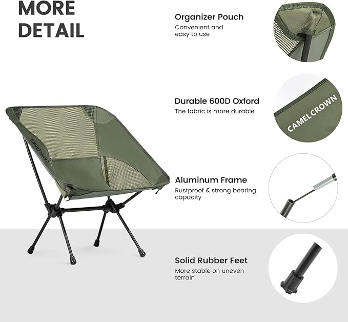 CAMEL CROWN Portable Camping Chair Lightweight Compact Folding Chair Mesh for Outdoor Camp Travel Beach Picnic Festival Hiking Backpacking Army Green 2 Pack