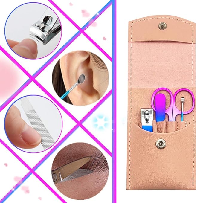 Manicure Set, Professional Women Nail Clippers Kit 4PCS， Stainless Steel Nail Cutter Care Tools Professional Grooming Kits, PU Leather Travel Case （Colorful）