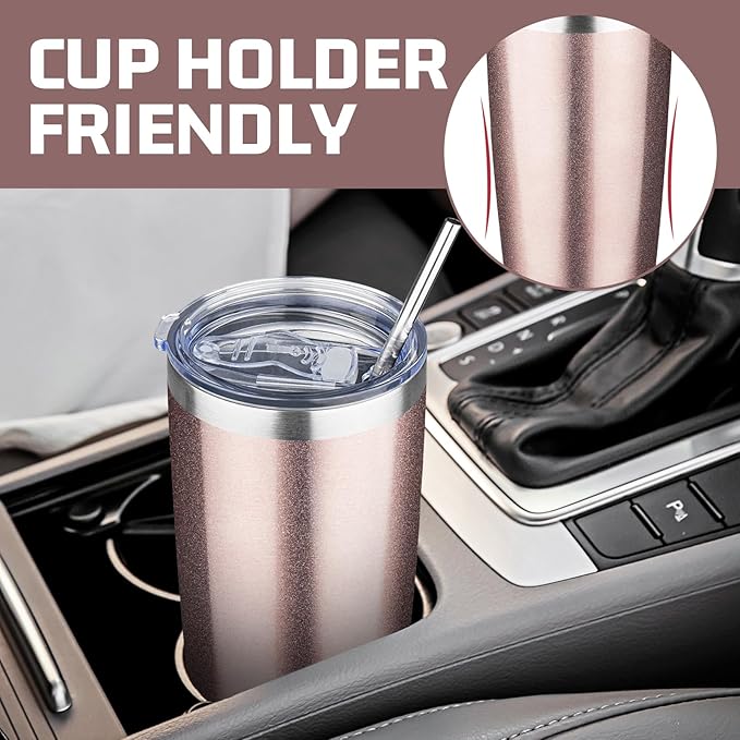 20 oz Tumbler with Lids and Straws, Stainless Steel Insulated Travel Coffee Mug, Double Wall Vacuum Insulated Tumblers, Powder Coated Coffee Tumbler for Cold & Hot Drinks (Rose Gold,4pack)