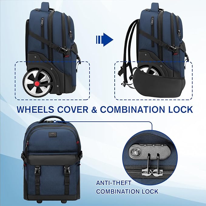 MATEIN Rolling Backpack with Wheels, 17 Inch Large Roller Backpack with Combination Lock, Water Resistant Anti Theft Travel Wheeled Backpacks Laptop Back Pack for Men Women Work Business Commute, Blue