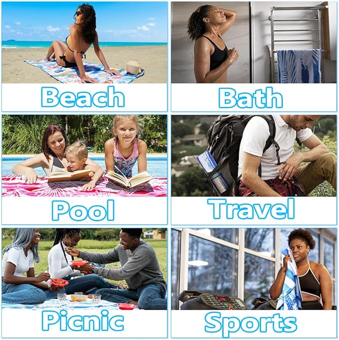 Widdonen Lightweight Thin Microfiber Beach Towel Sand Free Quick Dry Absorbent Compact Soft Pool Swim Travel Towels Extra Large Oversized Beach Accessories Packable Essentials Stuff Gifts for Adult