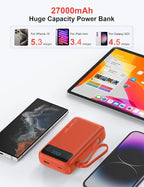 Portable Charger, 27000mAh 22.5W Fast Charging Power Bank with Built-in Cable, USB C Battery Pack with LED Display & Flash Light, Travel Essential External Battery Charger Bank for iPhone Samsung Red