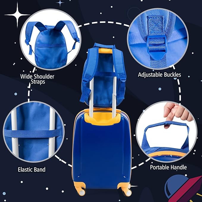 BABY JOY 2 PC Kids Carry On Luggage Set, 18" Toddler Trolley Case & 12" Backpack with Hard Shell & Rolling Wheel Design, Kids Suitcase for Boys Girls (Astronaut)