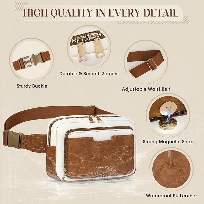 RAINSMORE Fanny Packs for Women, Leather Belt Bag Waterproof Everywhere Crossbody Waist Pack with Adjustable Strap Retro Sling Chest Bag for Work Running Travel Party, Brown with White