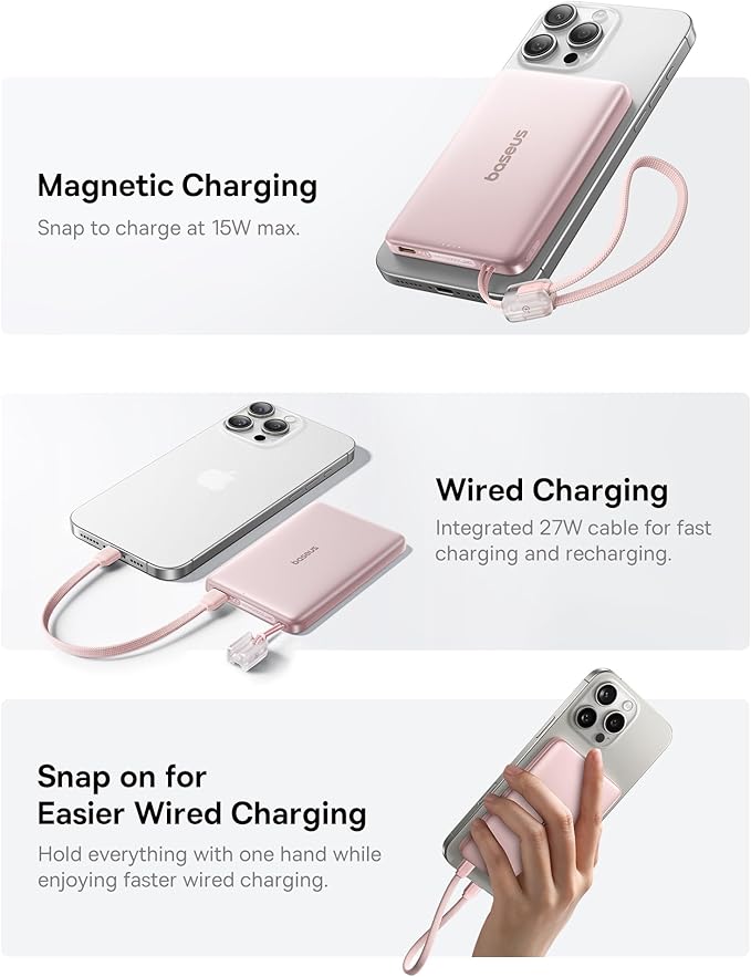Baseus Picogo Qi2 15W Magsafe Portable Charger, 0.5" Ultra Slim 10000mAh Wireless Power Bank with 27W Built-in USB-C Cable, Magnetic Battery Pack for iPhone 17 Pro Max/17 Pro/Air/16/15/14/13/12