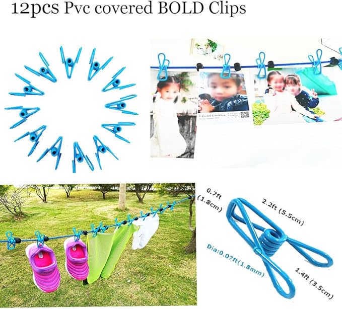 Adjustable Elastic Clothesline with Clips and Positioning Balls Portable Retractable Windproof Laundry Hanging Rope Anti-Skid Washing Line with Drawstring Bag (Light Blue)