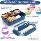 QQKO Bento Box Adult Lunch Box, Lunch Containers for Adults Men Women, Kids Lunch Boxes for School with 4 Compartments, Sauce Container, Utensils and Muffin Cups, Navy