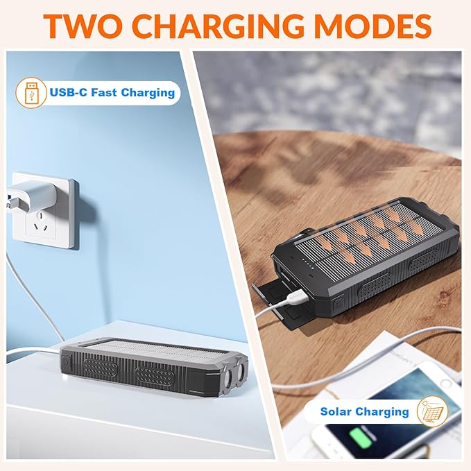 Solar Charger 20,000mAh, Portable Power Bank, 4 Cables Outdoor Waterproof External Backup Phone Charger with USB-C for Cell Phones, Solar Battery Pack with Dual Flashlight for Camping