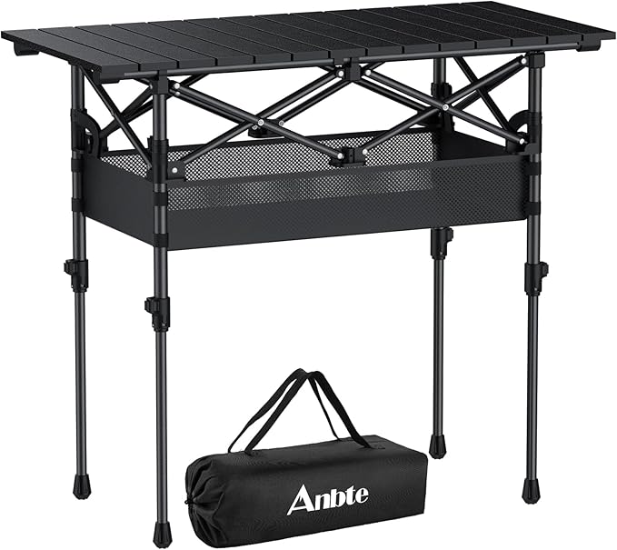 Anbte 3ft Aluminum Roll Top Camping Table Max 27.5", 2 Adjustable Height Folding Camping Table Waterproof with Storage Net and Bag for BBQ Picnic Tailgating Backyard RV Travel, 32.2” x 16”, Pure Black