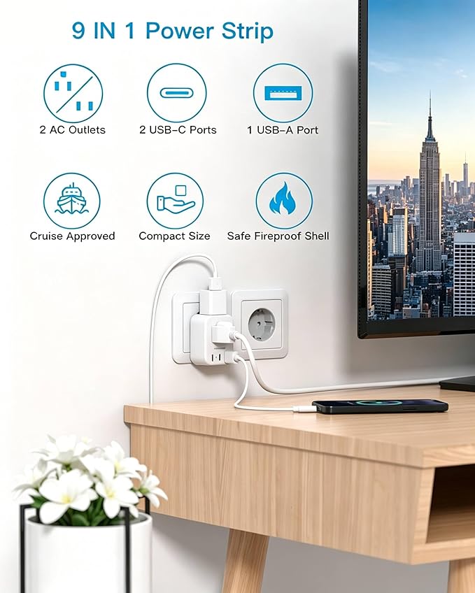 HANYCONY European Plug Adapter, US to Europe Power Adapter with 2 Outlets & 3 USB Ports (2 USB C), Type C Travel Adapter for Italy, Spain, France, Germany, Greece, Iceland, Essentials for Cruise Ship
