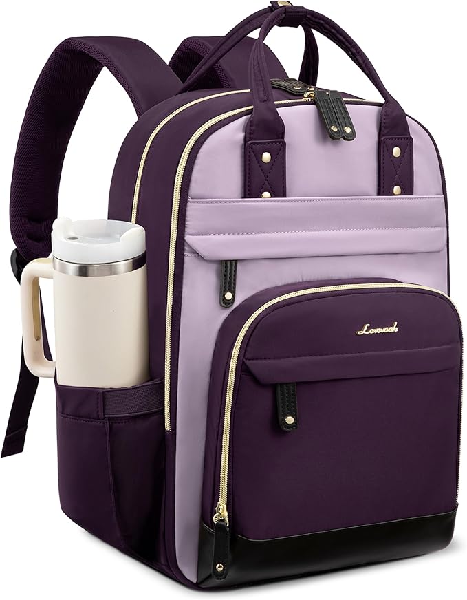 LOVEVOOK Laptop Backpack Women with Giant Tumbler Holder,15.6 inch Work Travel Backpack Computer Laptop Bag,Cute College Nurse Teacher Backpack Purse,Gift for Women & Men,Dark purple-Purple-Rust red
