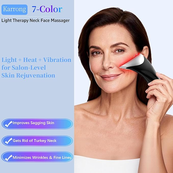 Face Neck Beauty Device, 7-Color Led Light Therapy Face Neck Massager, Multifunctional Vibration & Heat Facial Skin Care Tool, Ideal for Home Travel Skin Care, Black