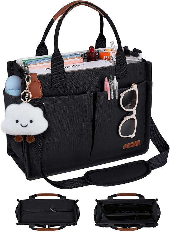 BESBESME Canvas Tote Bag for Women with Zipper & Compartments– Large Work & College Laptop Tote Crossbody Shoulder Bag