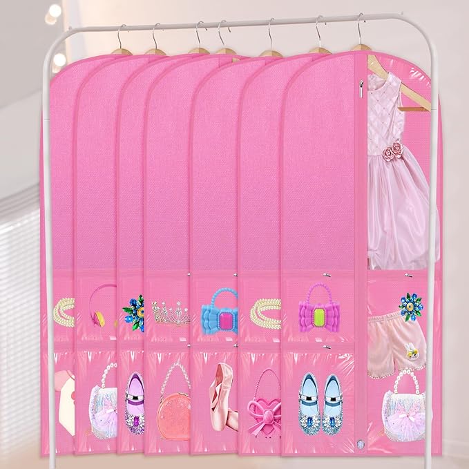 Woanger 6 Pcs Garment Bags for Dance Costumes Clear PVC with Zippers Garment Bag with Pockets Dance Costume Organizer Carrier for Storage Cover for Adult(Pink,20'' X 40'')