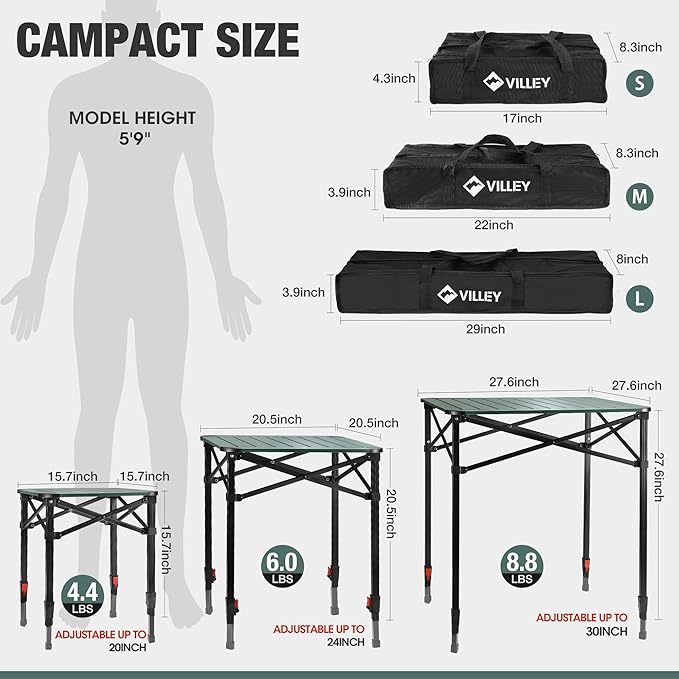 VILLEY Folding Camping Square Table with Carry Bag, Lightweight Aluminum Adjustable Square Table for Outdoor, Camping, Picnic, Backyards, BBQ, Small