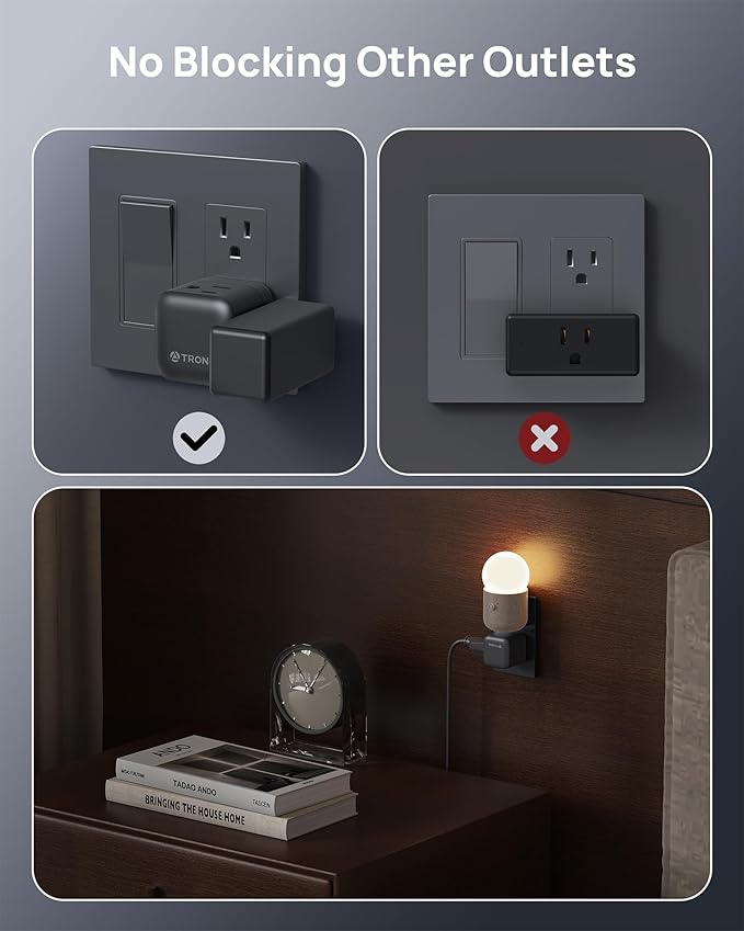 TROND Multi Plug Outlet Extender 2 Pack, 3 Way Outlet Splitter with 360 Rotating Plug, Turn One into Multiple Sideways Adapter, A Black Charging Station for Home Office with Dark Wall Decor