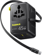 Baseus 45W European Travel Plug Adapter, 6-in-1 Universal Power Adapter with USB-C Retractable Cable, PD Fast Charging GaN International Travel Essentials for Over 200 Countries - Picogo AG11