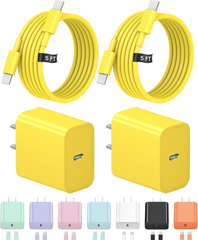 5FT iPhone 17 16 15 Charger Fast Charging USB C Charger Block Type C Chagrer Fast Charging 2-Pack for iPhone 17/17 Plus/17 Pro/17 Pro Max/iPhone 16/16 Plus/16 Pro Max/15 Pro Max/Samsung (Yellow)