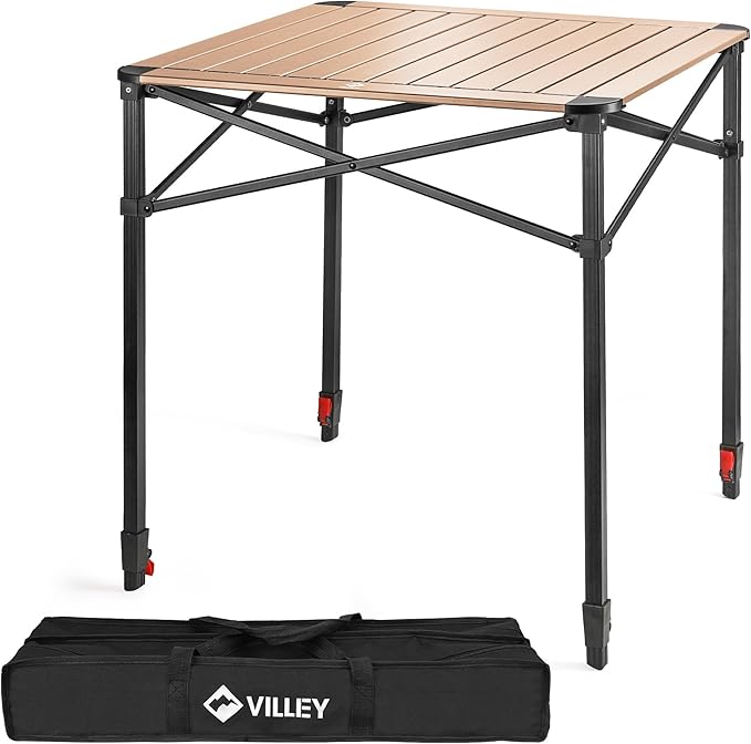 VILLEY Folding Camping Square Table with Carry Bag, Lightweight Aluminum Adjustable Square Table for Outdoor, Camping, Picnic, Backyards, BBQ, Large