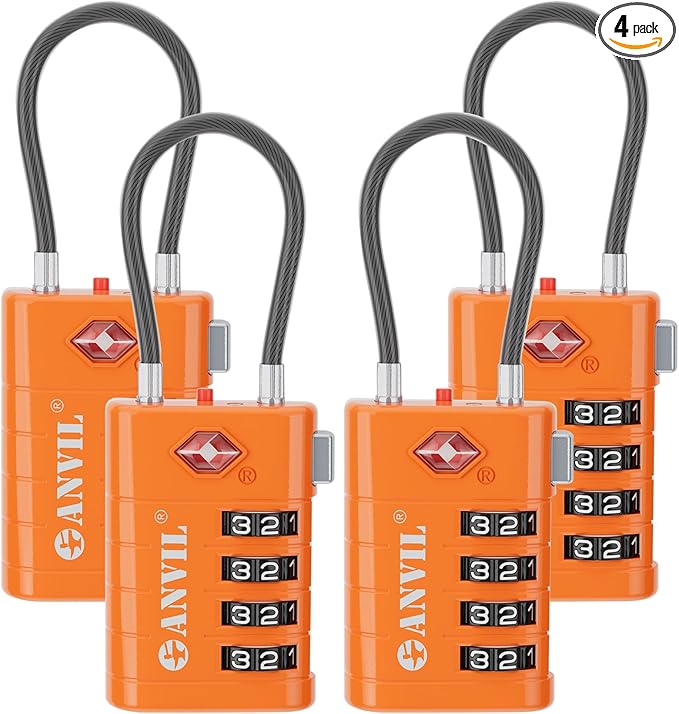 ANVIL TSA Approved Luggage Locks with Search Alert Indicator, 4-Digit Combination Suitcase Lock, Advanced TSA008 Core Heavy Duty Anti-Theft Travel Lock for Double Zippers, Backpacks (4, Orange)