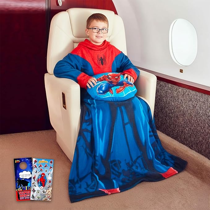 Spider-Man Spiderman Travel Blanket and Pillow Set - Bundle Wearable Blanket with Arms, Cloud Pillow, Stickers, More | Spiderman Travel Accessories for Kids, Boys