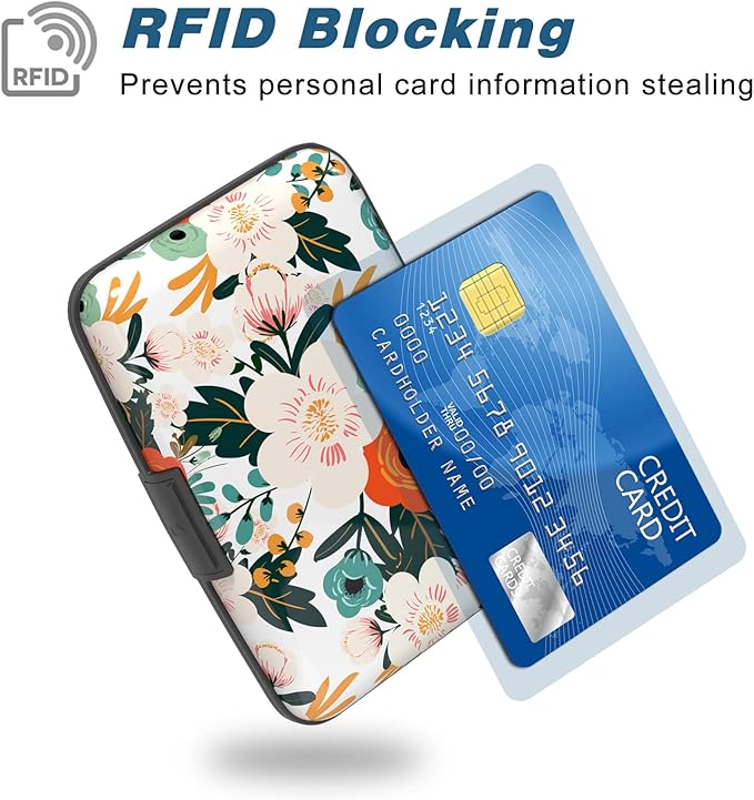 Credit Card Holder, Mini Aluminum Card Wallet RFID Blocking Slim Metal Hard Card Case for Women Men, Colorful Flowers