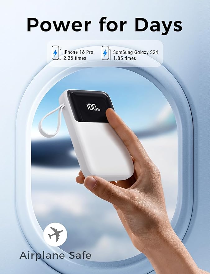 Power Bank, 15000mAh Portable Charger with Built in Cable, 22.5W Fast Charging, 6 Outputs, Slim Travel Essential Battery Pack with LED Display, Compatible with iPhone 17/16/15/14/13, iPad White