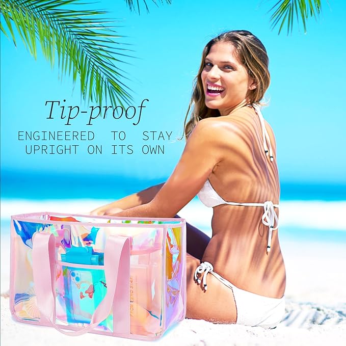 Fammart Iridescent Clear Beach Bag for Women, Jelly Tote Bag Waterproof Sandproof Pool Bag Cruise Vacation Essentials