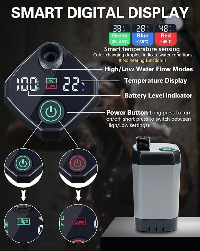 Beviliu Portable Shower for Camping, 6000mAh Rechargeable Camping Shower with Digital Power & Temperature Display, Portable Shower for Camping, Beach, Outdoor Travelling, Hiking, Pet Cleaning