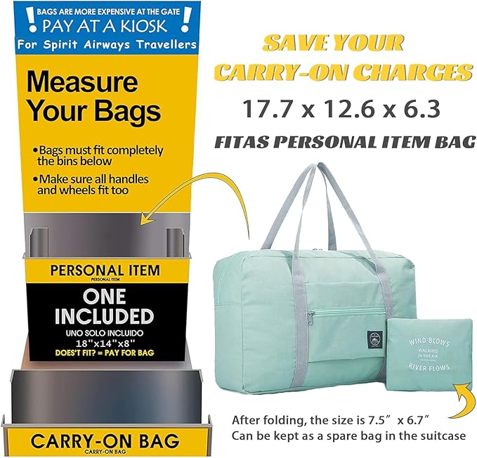Foldable Travel Duffel Bag Tote Carry on Luggage Bag Spirit Airlines Personal item Sports Gym Bag Water Resistant Weekender Overnight Bags for Women and Men (Green)