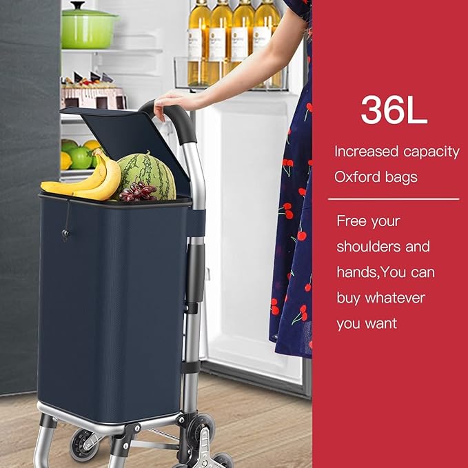 Lightweight Folding Cart on 6 Wheels 36L Stair Climbing Trolley with Detachable Waterproof Oxford Bag for Groceries Shopping and Travel - Red