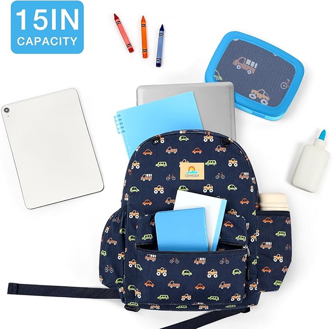 STEAMEDBUN Corduroy Kids Backpack for Boys and Girls 5-8: Boys Backpack for Elementary Kindergarten - 15 inch Cute Backpacks for Kids - Car