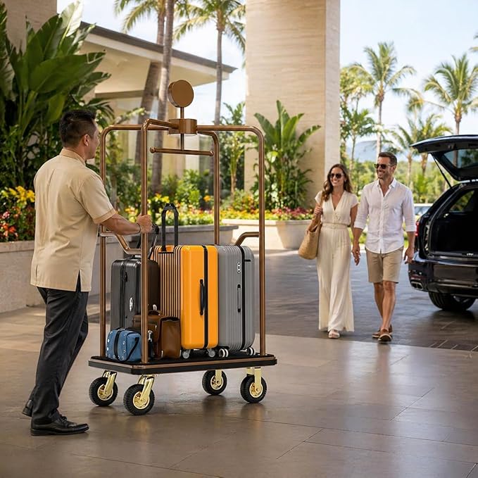 Hotel Luggage Cart, 1600 lbs Capacity Commercial Bellman's Cart with 8" Silent Wheels, Brushed Stainless Steel Frame and Nylon Carpet Deck for Hotels, Condos, Resorts