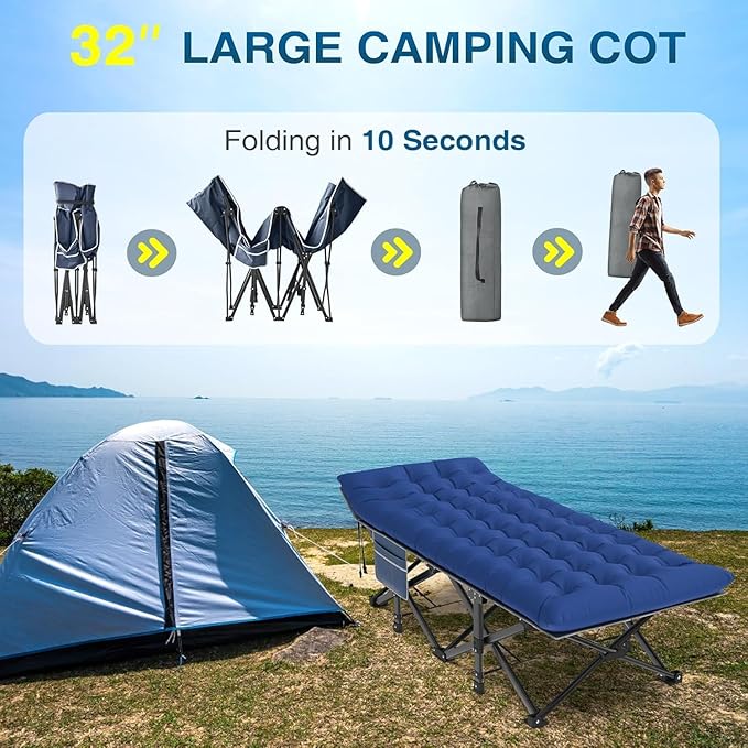 ZENPETIO Oversized XXL Folding Camping Cot, Heavy Duty Sleeping Cot for Adults with Mattress and Pillow, Portable Cot Bed with Carry Bag for Outdoor Camp Travel Home Guest Office, Blue