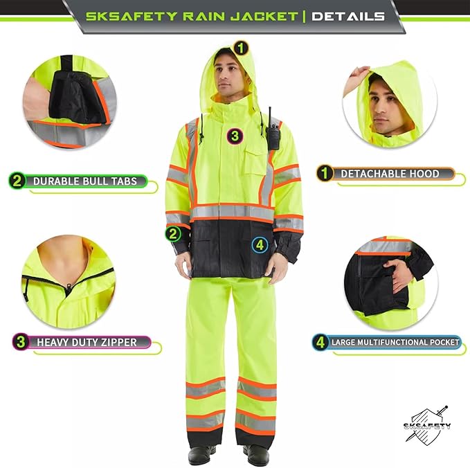 SKSAFETY Hi Vis Safety Rain Jacket for Men, Construction Work Rain Gear Heavy Duty Class 3 Rain Coat Waterproof Lightweight