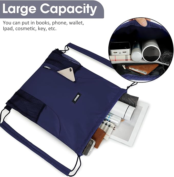 WANDF Drawstring Backpack with Shoulder Pad Sports Gym Backpack with Mesh Pocket String Bag for Women Men (Navy Blue)