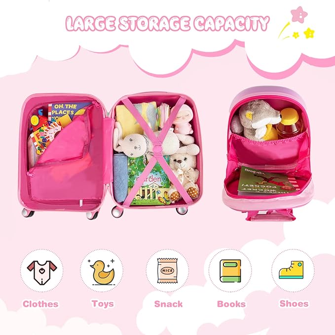 GYMAX 2Pc Kid Carry On Luggage Set, 12" & 18" Kids Suitcase with 4 Spinner Wheels, Travel Rolling Trolley