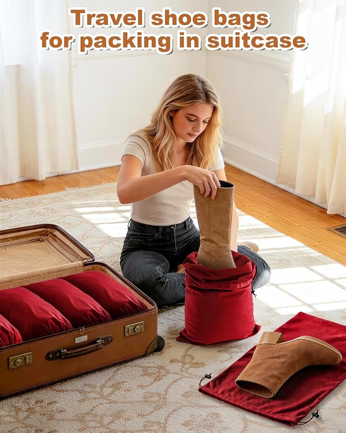 2 Pcs Shoe Bags for Travel, 21.2"x13.3" Large Boot Bags for Cowboy Boots, Washable Velvet Dust Bag with Drawstring for Dress Shoes, Handbags and Clothing, Suitable for Travel and Home Storage
