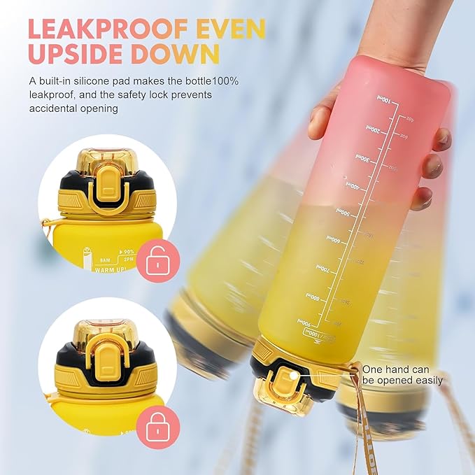Water Bottle with Straw 1L,Boys Water Bottles with Straw 1 Litre,Waterbottle Leak-Proof Sports Water Bottle,Plastic Drinks Bottles Toxin Free，Bpa-Free (Yellow Pink)