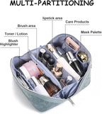 BOYATU Travel Makeup Bags Cosmetic Organizer Bag: 3 Pcs Set Large Capacity Floral Make up Bag with Compartments - Waterproof Leather Toiletry Bags with Handle for Women (01-Light Blue)