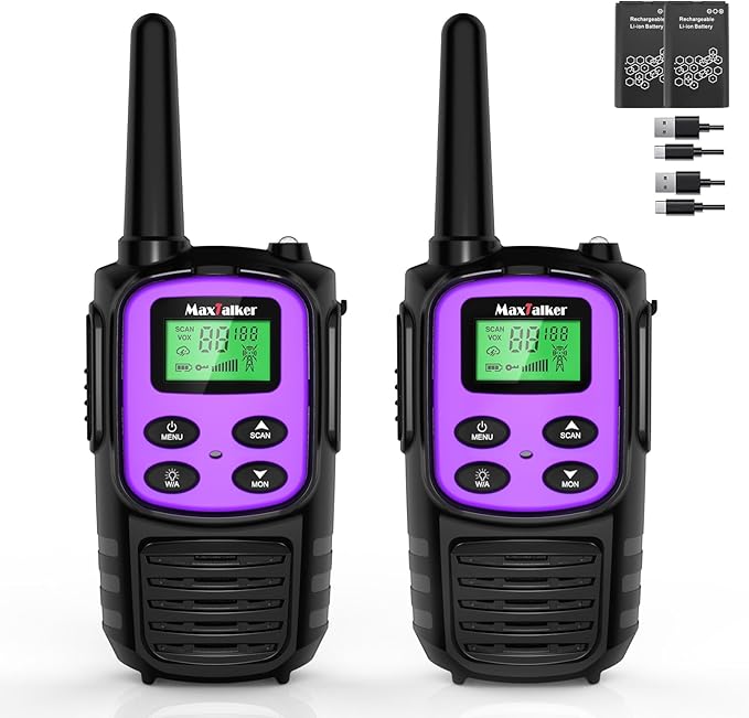 MaxTalker Walkie Talkies Long Range for Adult, MT10 Rechargeable Walkie Talkies FRS Two Way Radio, NOAA, 1200mAh Li-ion Battery USB-C Cable, LED Flashlight,VOX Walkie Talkie for Camping 2Pack (Purple)
