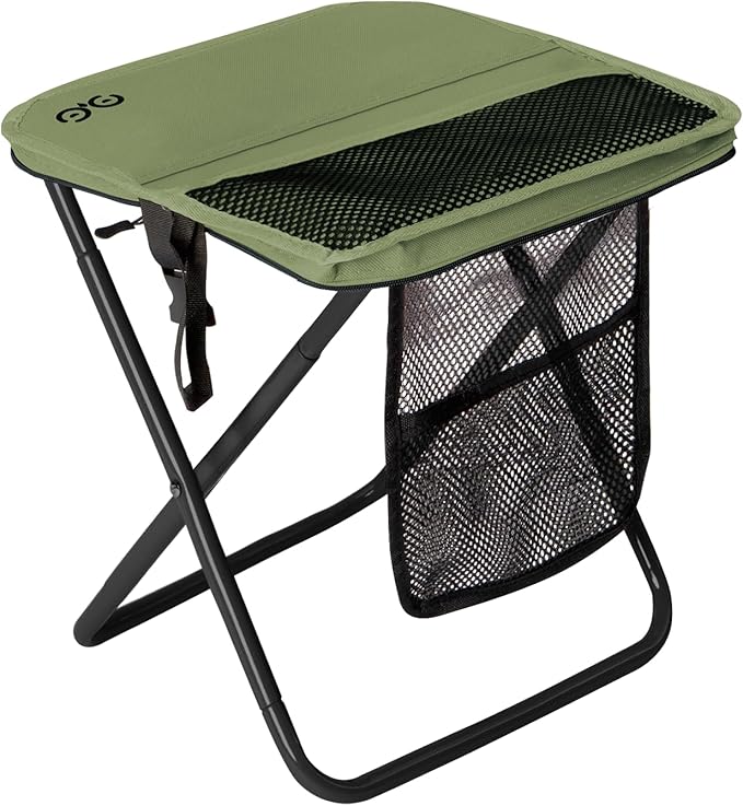 CAMDOOR Portable Collapsible Stool, 16″Folding Stool with 3 Side Pockets and Shoulder Strap, Extra Large Camping Chair Supports 400 lbs, Ultralight Portable Seat for Outdoor, Hiking, Fishing (Green)