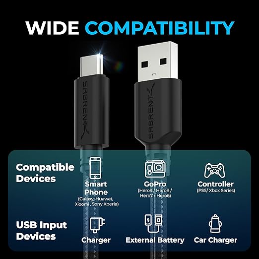SABRENT [3-Pack 22AWG Premium 6ft USB-C to USB A 3.0 Sync and Charge Cables [Black] (CB-C3X6)