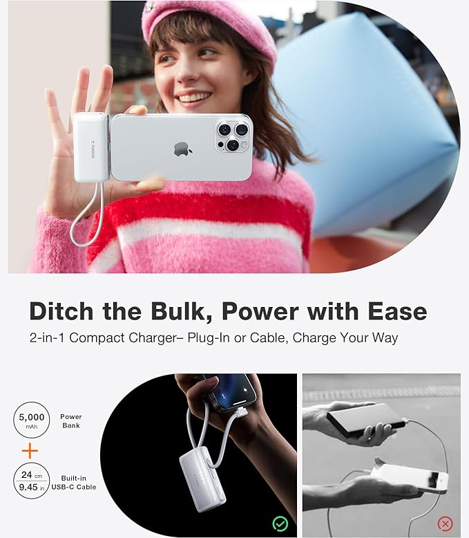 TORRAS iPhone 16 Portable Charger, 5000mAh 22.5W Power Bank with Built-in USB-C Cable, Fast Charge Battery Pack for iPhone 17/16/15, Galaxy S25, Google for Travel Outdoor Hiking Backup Battery, White