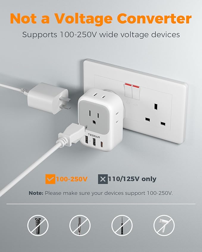 UK Adapters for Travel 2 Pack, TESSAN Type G US to UK Plug Adapter with 4 Outlets 3 USB Charger(1 USB C PD 20W), Power Adaptor for USA to Ireland Scotland Dubai Hong Kong England British Kenya London